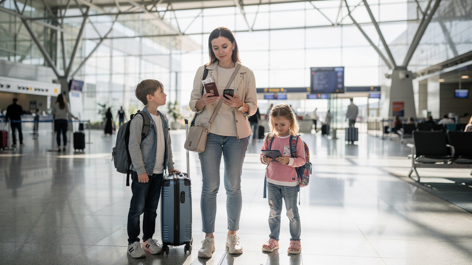 Мама с детьми в аэропорту, проверяет паспорт и смартфон с активным eSIM перед вылетом на отдых.