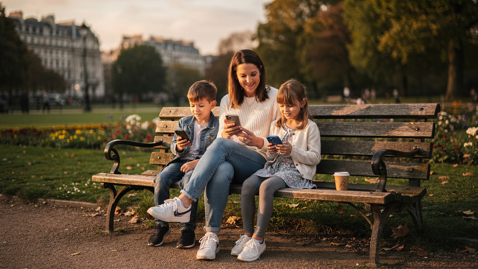 O mamă zâmbitoare și cei doi copii ai săi, un băiat și o fată, stau pe o bancă într-un parc din Londra, fiecare cu un telefon în mână, relaxându-se în timp ce soarele apune, cu o ceașcă de ceai britanic pe bancă.