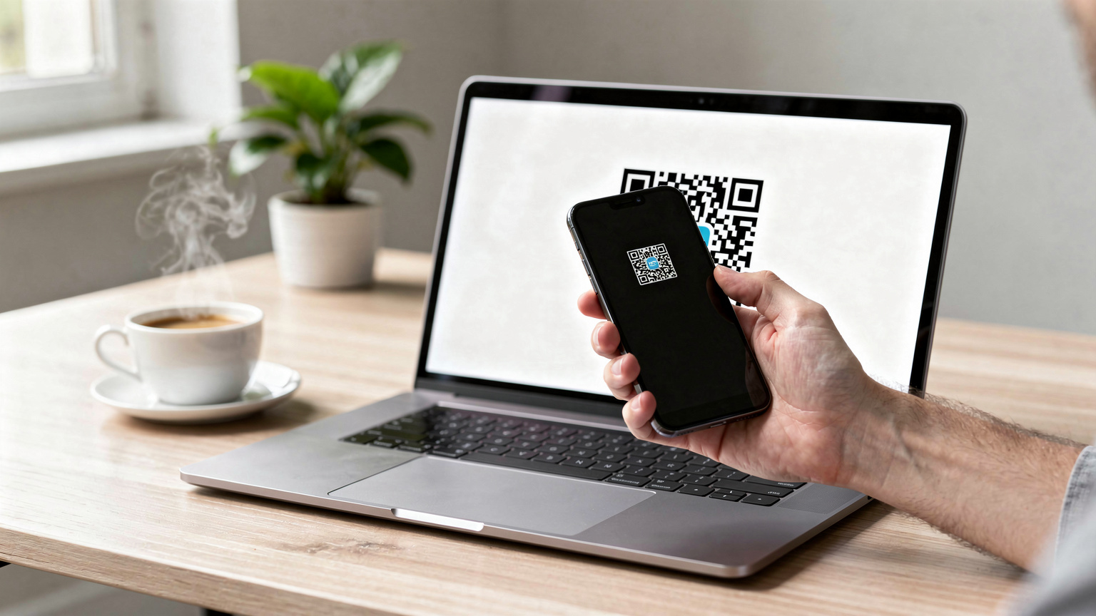O mână de adult scanează un cod QR de pe un laptop cu un smartphone, arătând procesul de activare eSIM într-un cadru modern de birou acasă.