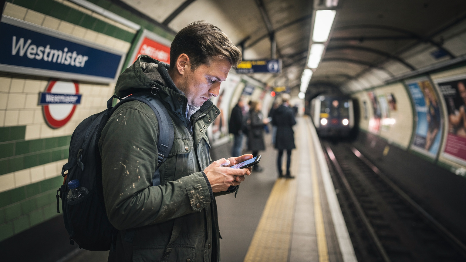 Un călător folosește un telefon mobil în timp ce așteaptă într-o stație de metrou aglomerată din Londra, cu alte persoane în fundal, atmosfera fiind autentic britanică.