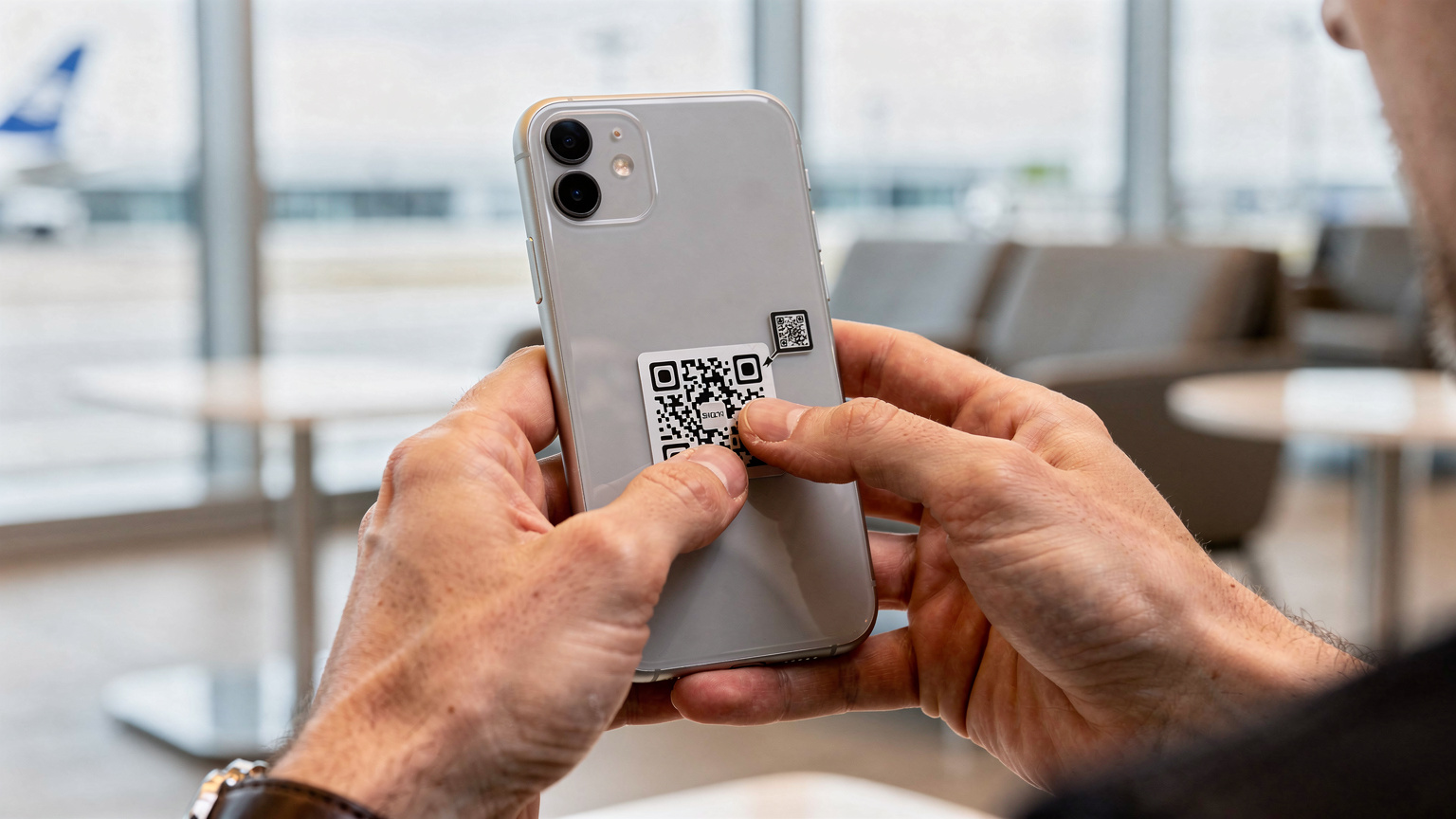 A traveler's hands are expertly holding an iPhone, scanning a QR code for seamless eSIM activation in a bright, modern airport lounge environment.