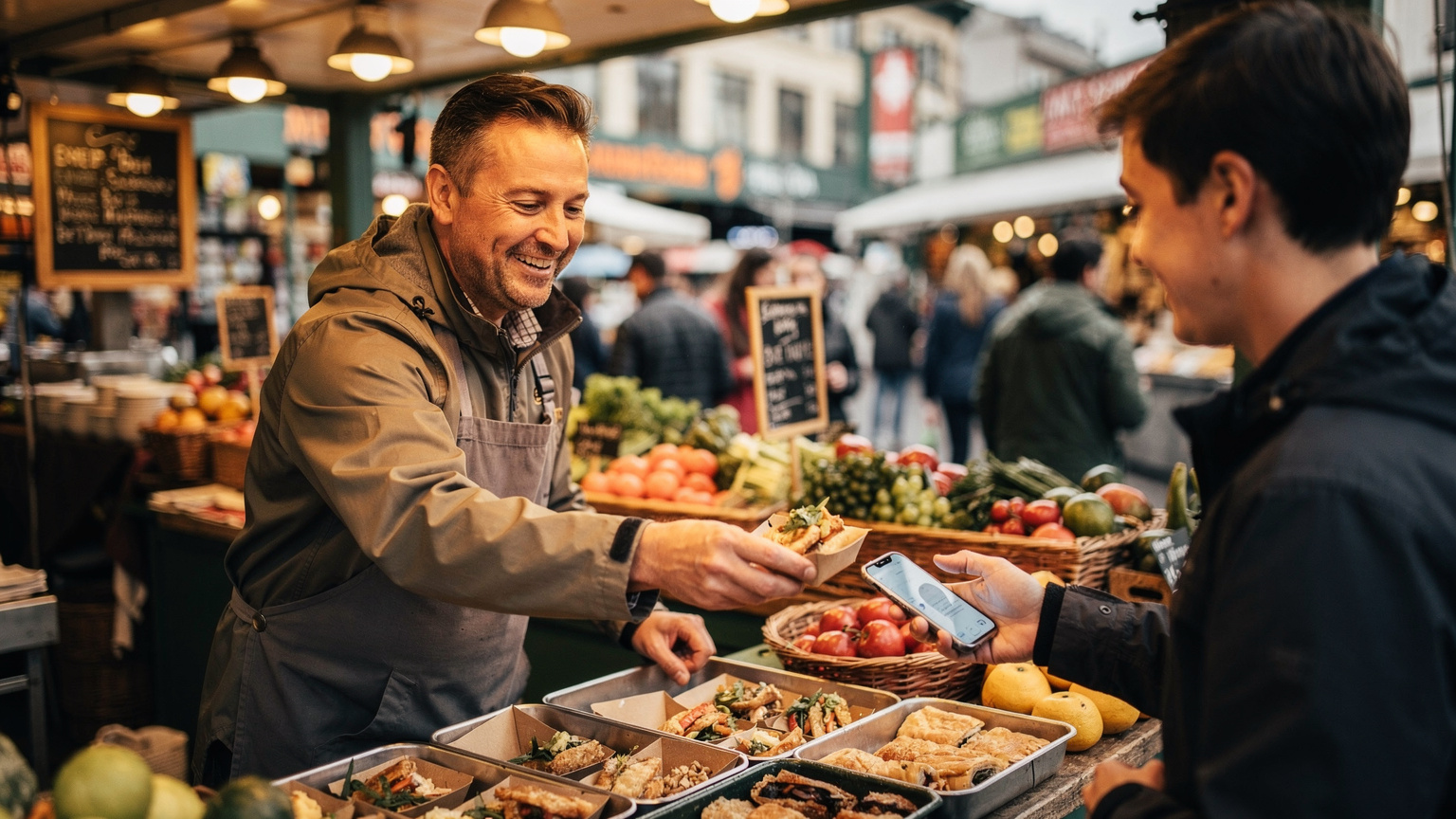 A bustling street food vendor in Seattle's Pike Place Market, taking a mobile payment from a customer's smartphone, illustrating the prevalence of digital transactions in US daily life.
