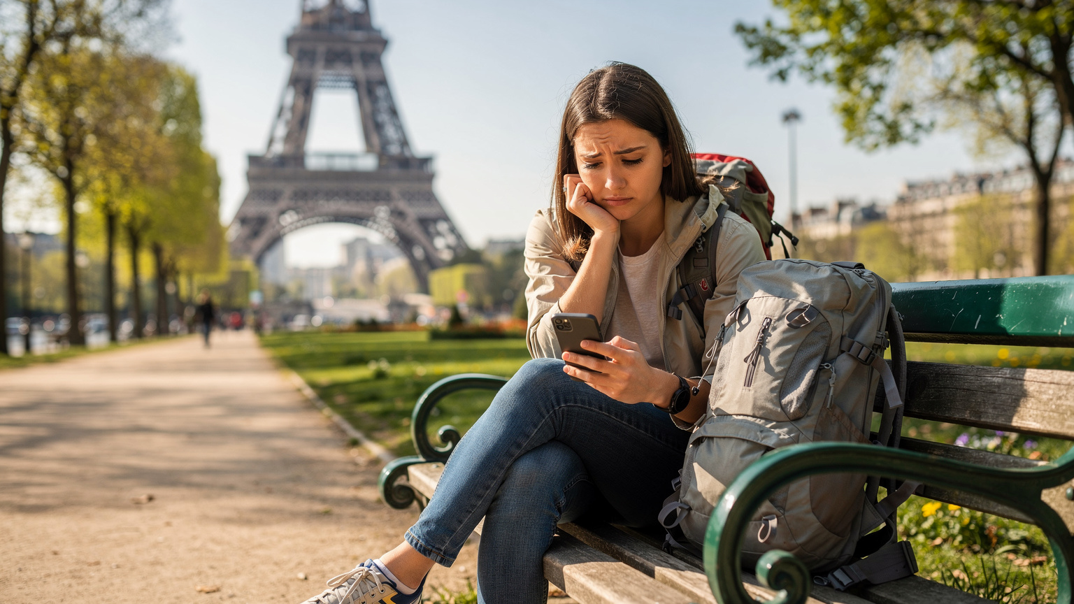 Uma jovem mochileira sentada em um banco de praça em Paris, com a mão no queixo, olhando pensativa para o celular enquanto a Torre Eiffel se ergue majestosa ao fundo. Ela está com um pacote de dados esgotado e sem Wi-Fi.
