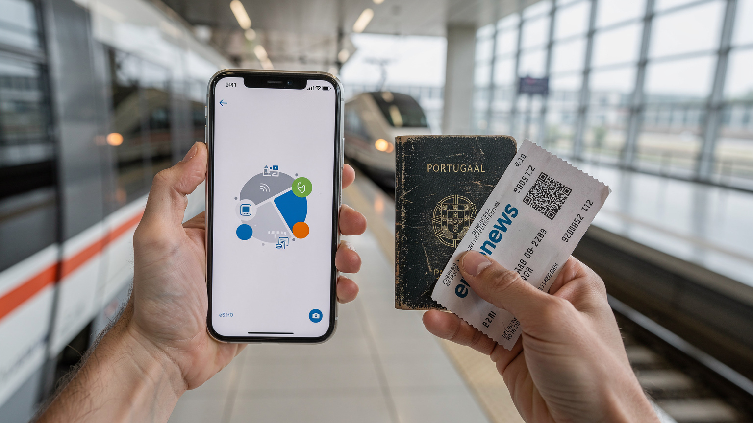 Uma mão segura um smartphone exibindo a tela de configuração de eSIM, enquanto a outra mão segura um passaporte português e uma passagem de trem Euronews, com um trem de alta velocidade ao fundo em uma estação moderna.