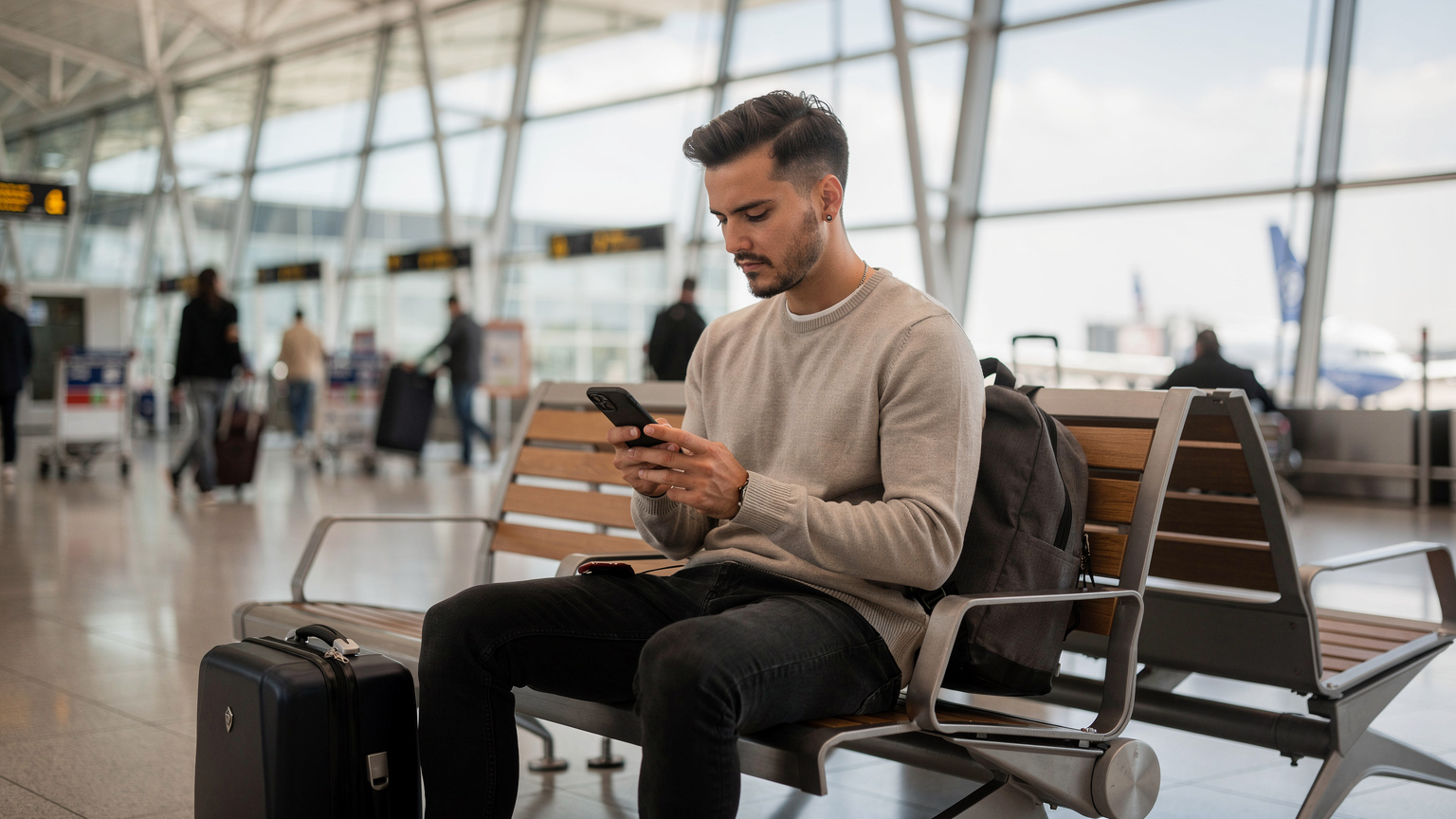 Пътник на летището, използващ телефона си, за да активира eSIM, докато чака багажа си.