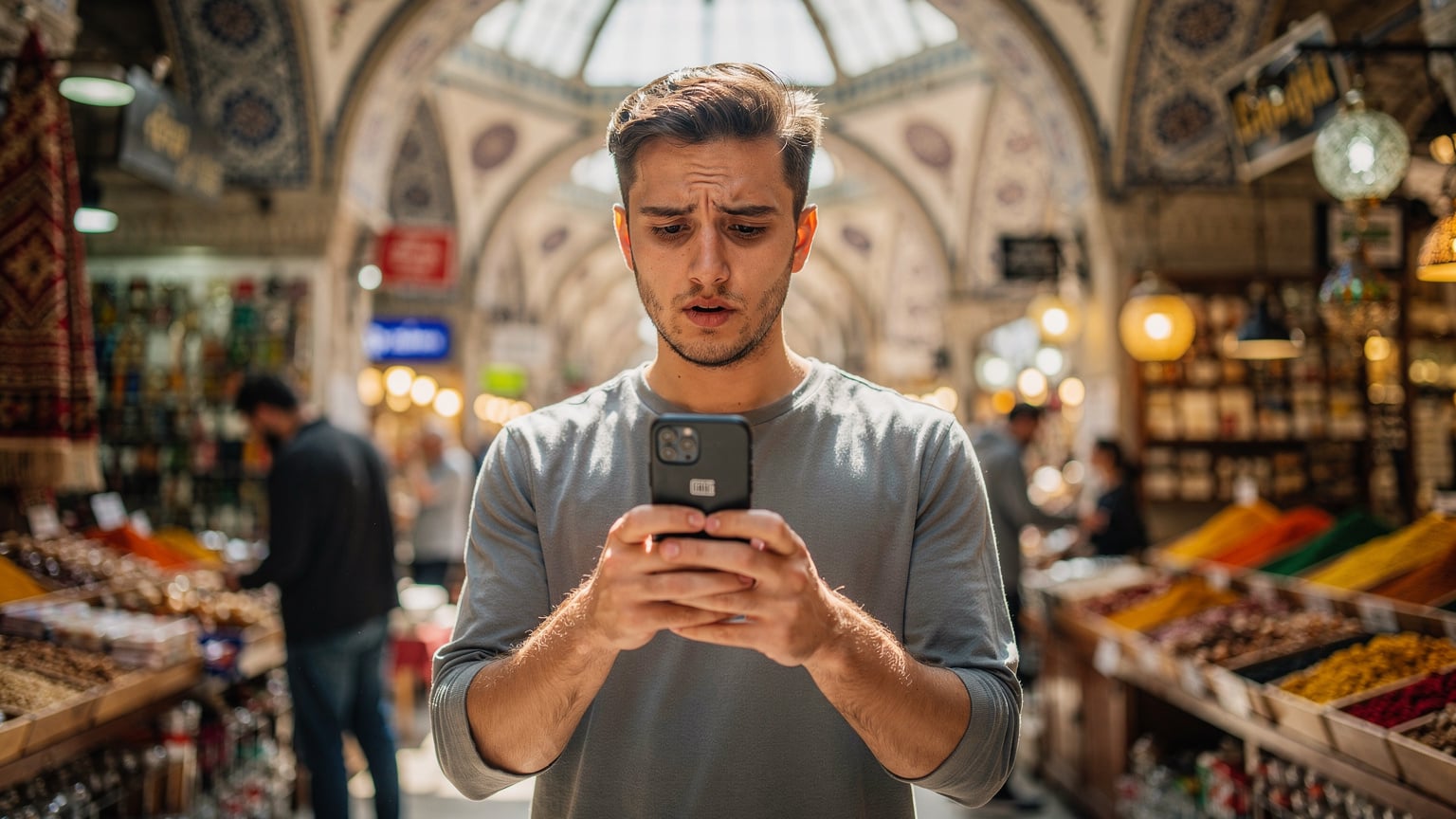 Bir seyahatsever, İstanbul'daki tarihi bir çarşıda, kalabalıklar içinde telefonunu kullanarak eSIM hız testi yapıyor, çevresinde yerel esnaf ve turistler var.
