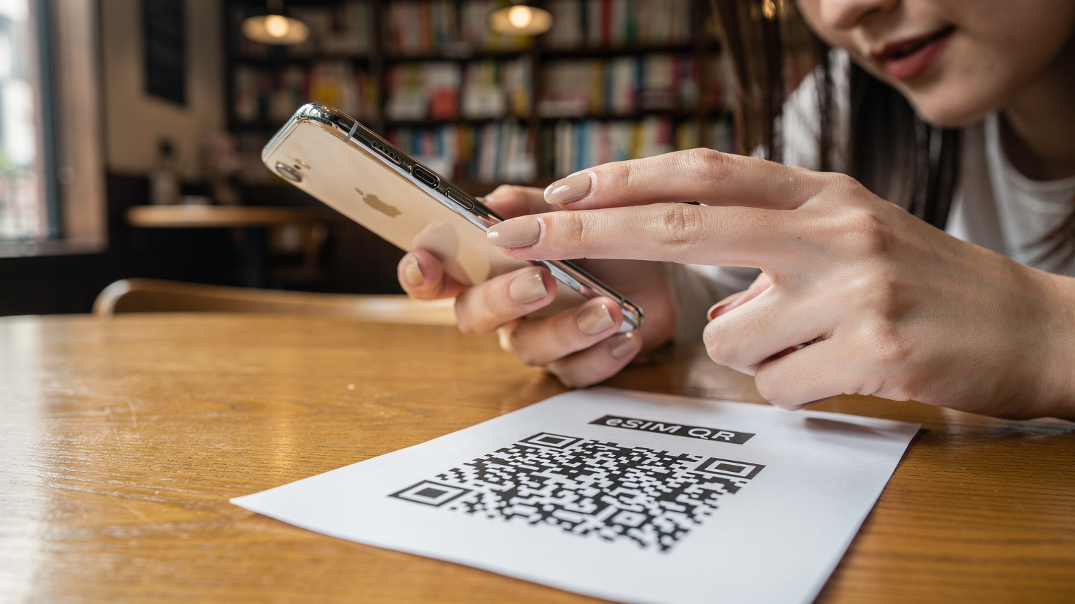 カフェのテーブルで、iPhoneの設定画面を開きeSIMのQRコードをスキャンしている女性の手元。