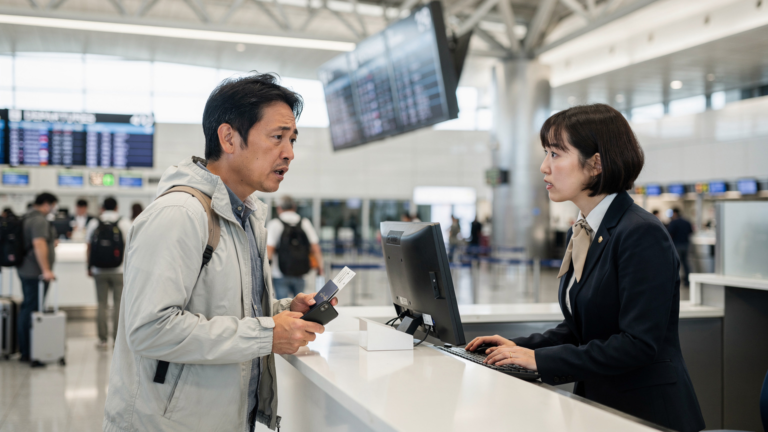 成田空港のチェックインカウンターで、搭乗券とパスポート、iPhoneを手に心配そうな表情で係員と話している旅行者。