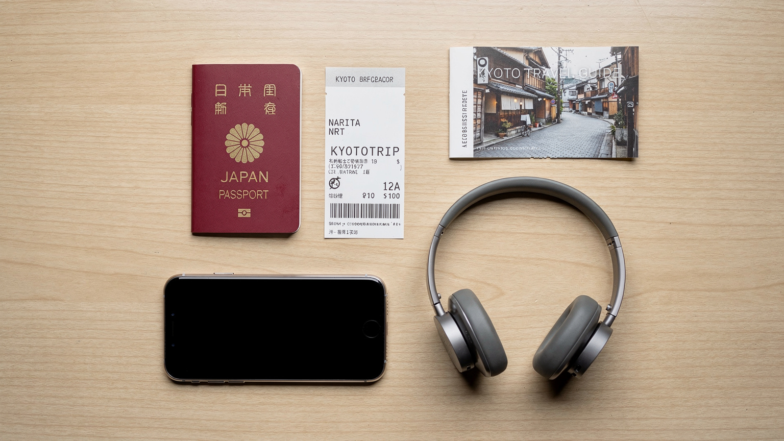 パスポート、航空券、iPhone、そして旅のガイドブックがテーブルに置かれたフラットレイ。