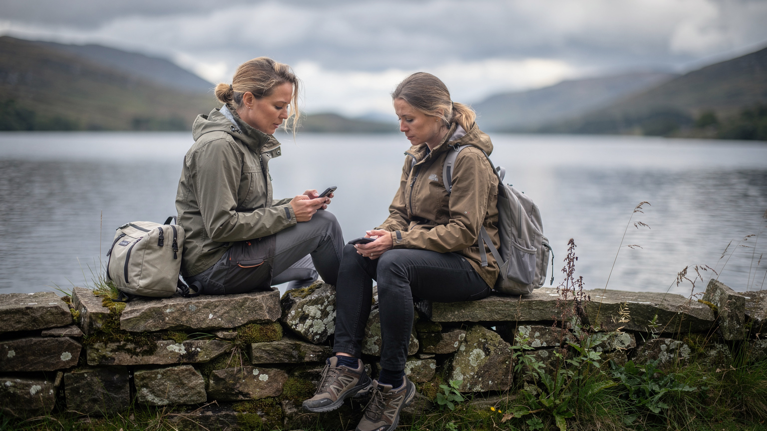 Kobieta w sportowej kurtce, z plecakiem, siedzi na kamiennym murku nad jeziorem Loch Lomond, przeglądając coś na telefonie z lekkim zamyśleniem.