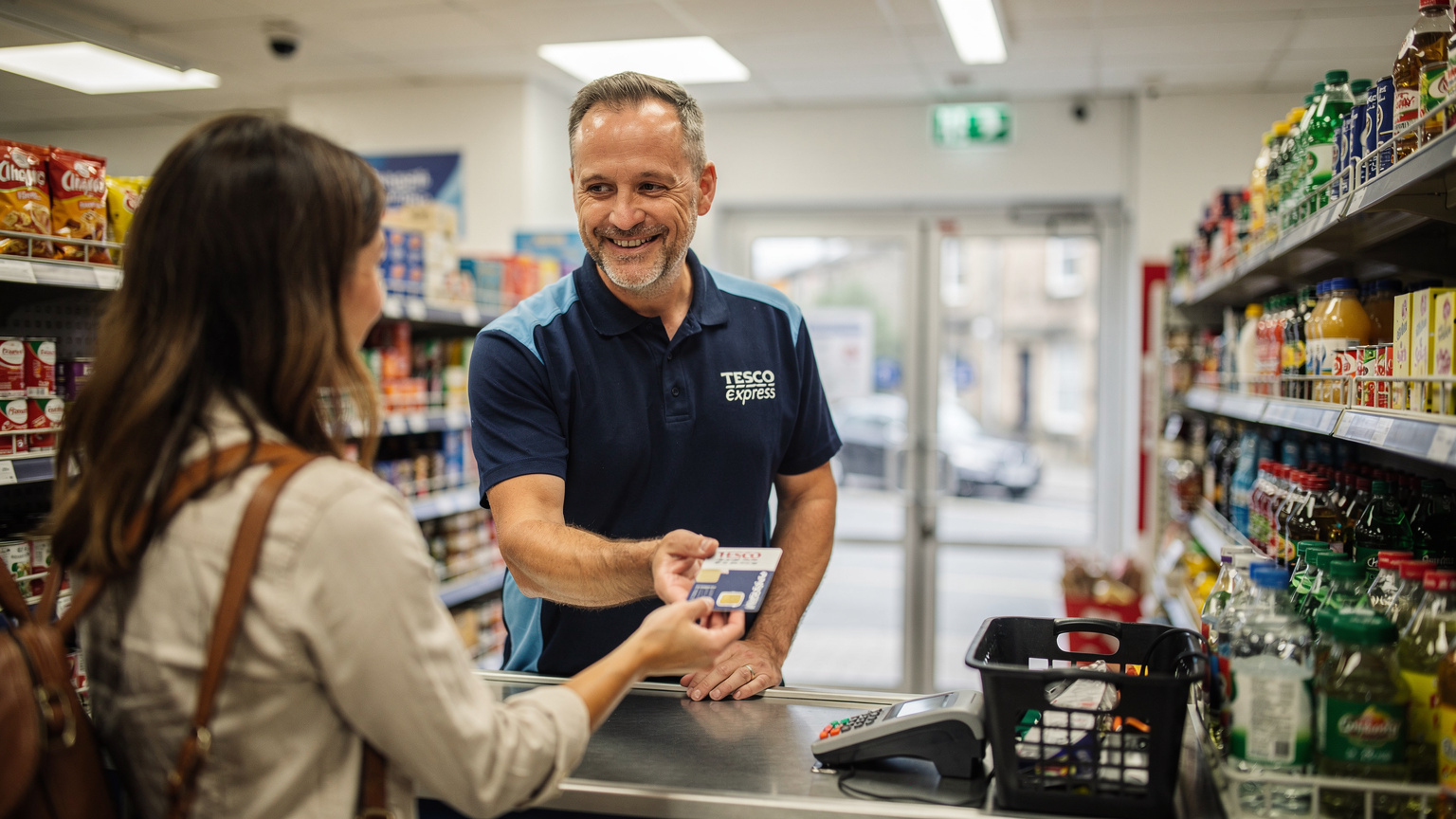 Uśmiechnięty kasjer w supermarkecie Tesco Express w Edynburgu podaje klientce opakowanie karty SIM, na tle półek z produktami.