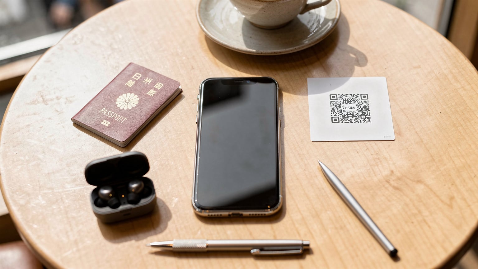 カフェのテーブルに置かれたスマートフォンとパスポート、そしてeSIMのQRコードが印刷されたシート。旅行の準備が整っている様子。