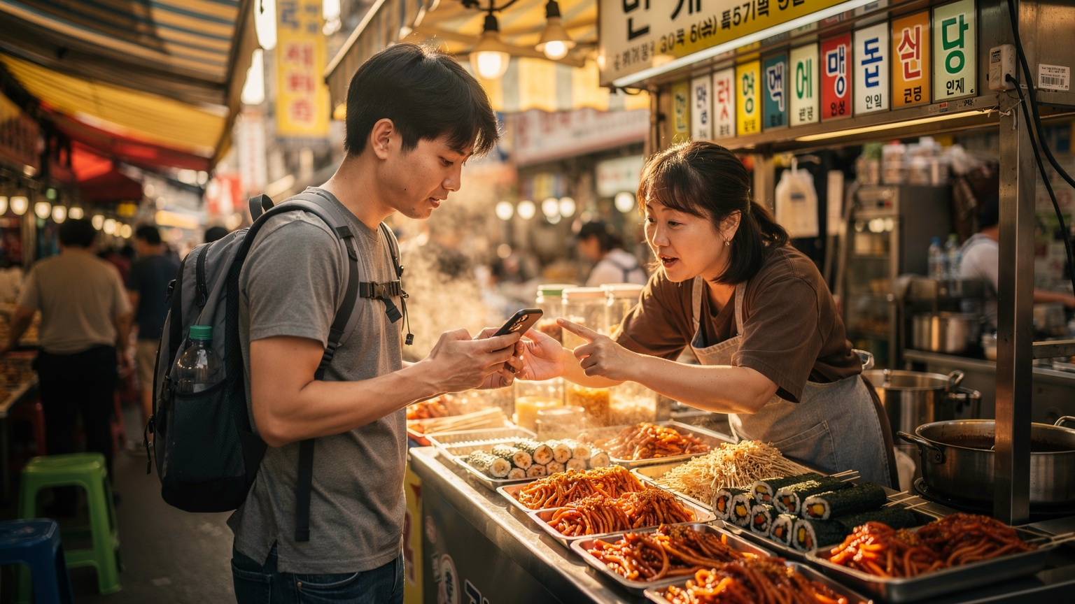 ソウルの伝統的な市場で、スマートフォンを使いながら屋台の店員と翻訳アプリで会話している日本人旅行者。