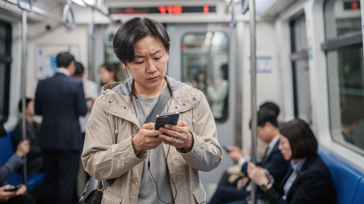 ソウルの地下鉄車内でスマートフォンを操作し、混雑した状況でも安定した通信を確認している旅行者。