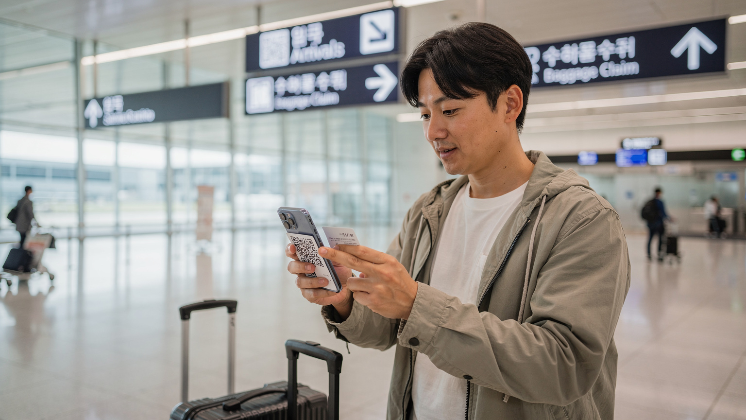 空港の到着ロビーでスマートフォンを取り出し、eSIMのQRコードをスキャンしている日本人旅行者。
