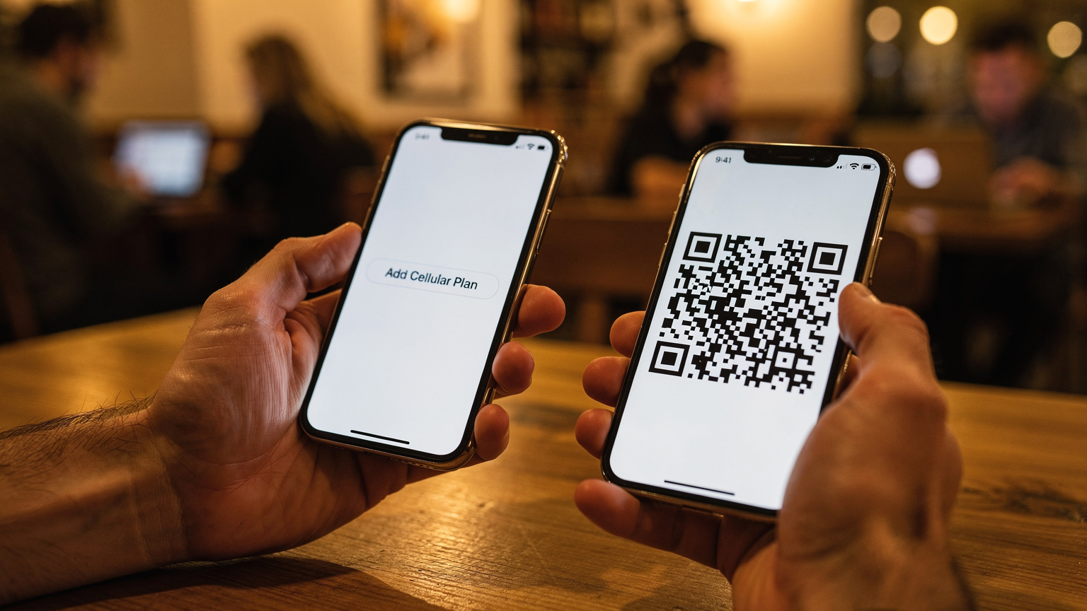 Close-up of human hands holding a smartphone, with a second phone displaying a QR code. The first phone's screen shows the 'Add Cellular Plan' option in a dimly lit café.