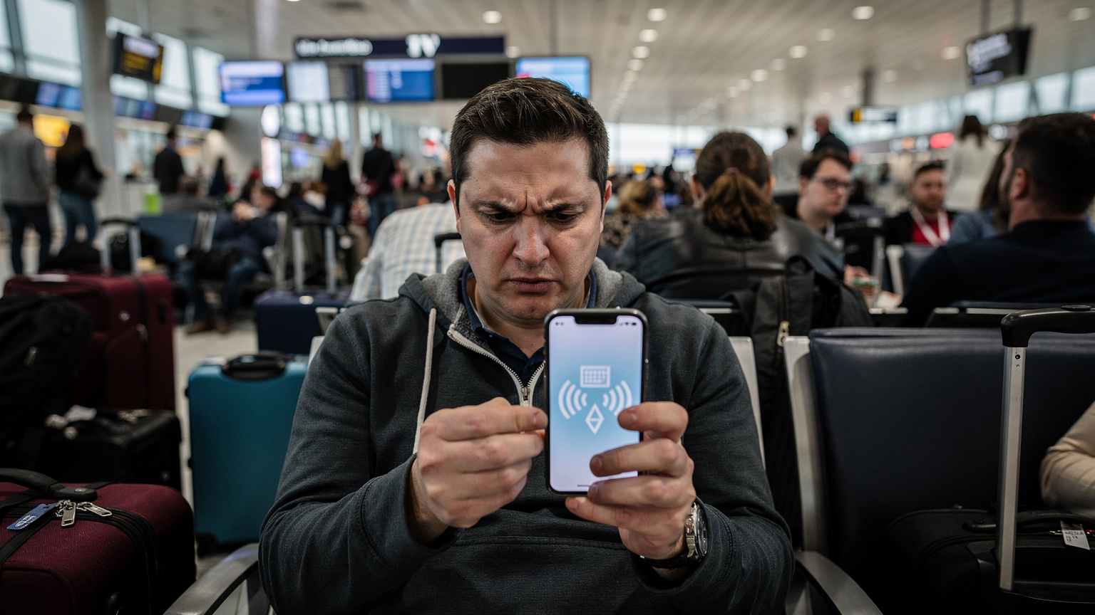 Eine Person sitzt in einem überfüllten Flughafen-Terminal mit einem frustrierten Gesichtsausdruck und hält ihr Smartphone hoch, das keinen Empfang anzeigt. Koffer und andere Reisende sind im Hintergrund.