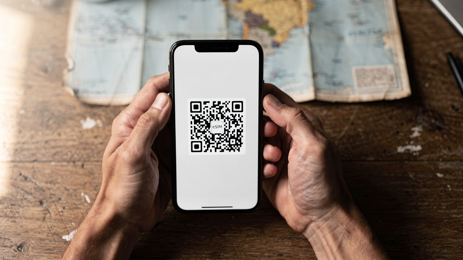 Nahaufnahme von Händen, die ein Smartphone halten. Auf dem Bildschirm ist ein QR-Code für die eSIM-Installation zu sehen, während im Hintergrund eine verschwommene Karte von Südamerika liegt.