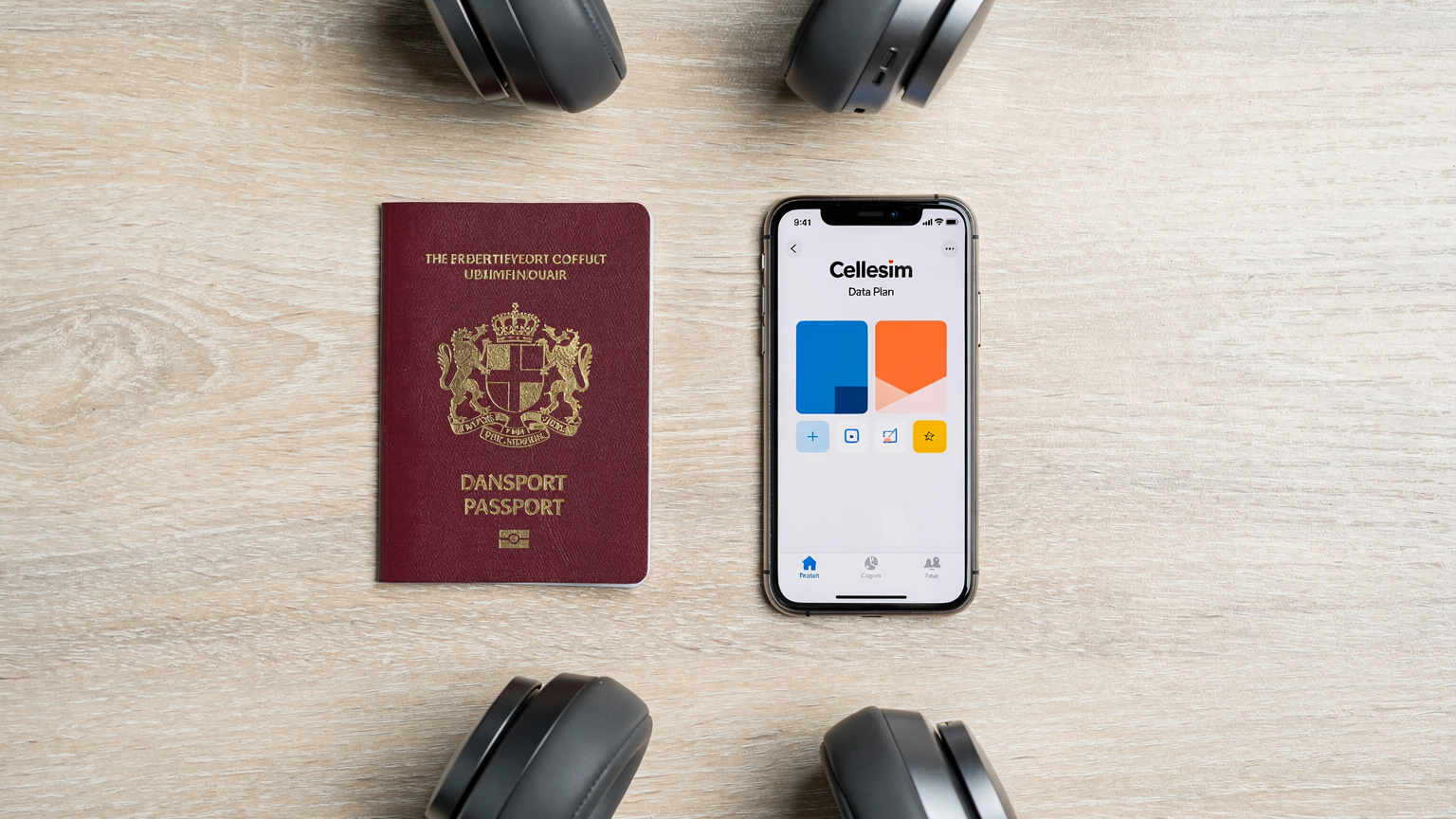 Et dansk pas, en smartphone med en Cellesim-app åben, og et par hovedtelefoner ligger på et bord, klar til rejsen.