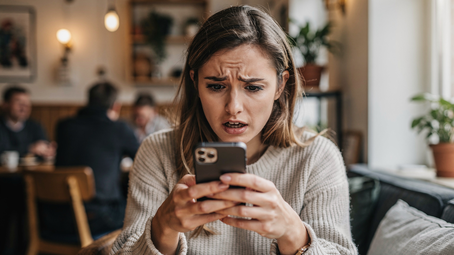 En ung kvinde sidder på en cafe i København og ser forvirret på sin telefon, mens hun forsøger at løse et teknisk problem med sit eSIM.