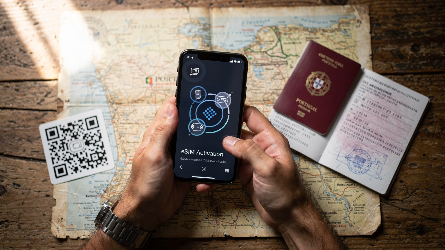 Mãos de um viajante seguram um smartphone, exibindo a tela de ativação de um eSIM, com um cartão QR code e um passaporte português abertos sobre um mapa turístico de Portugal, simbolizando o processo de conectividade.