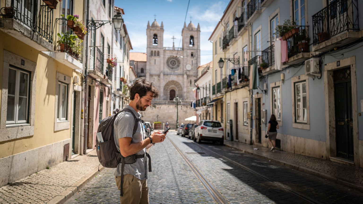 Um mochileiro com um smartphone na mão, olhando para o mapa digital em uma rua histórica de Lisboa, com a imponente Catedral da Sé ao fundo, destacando a importância da conectividade para navegação urbana.
