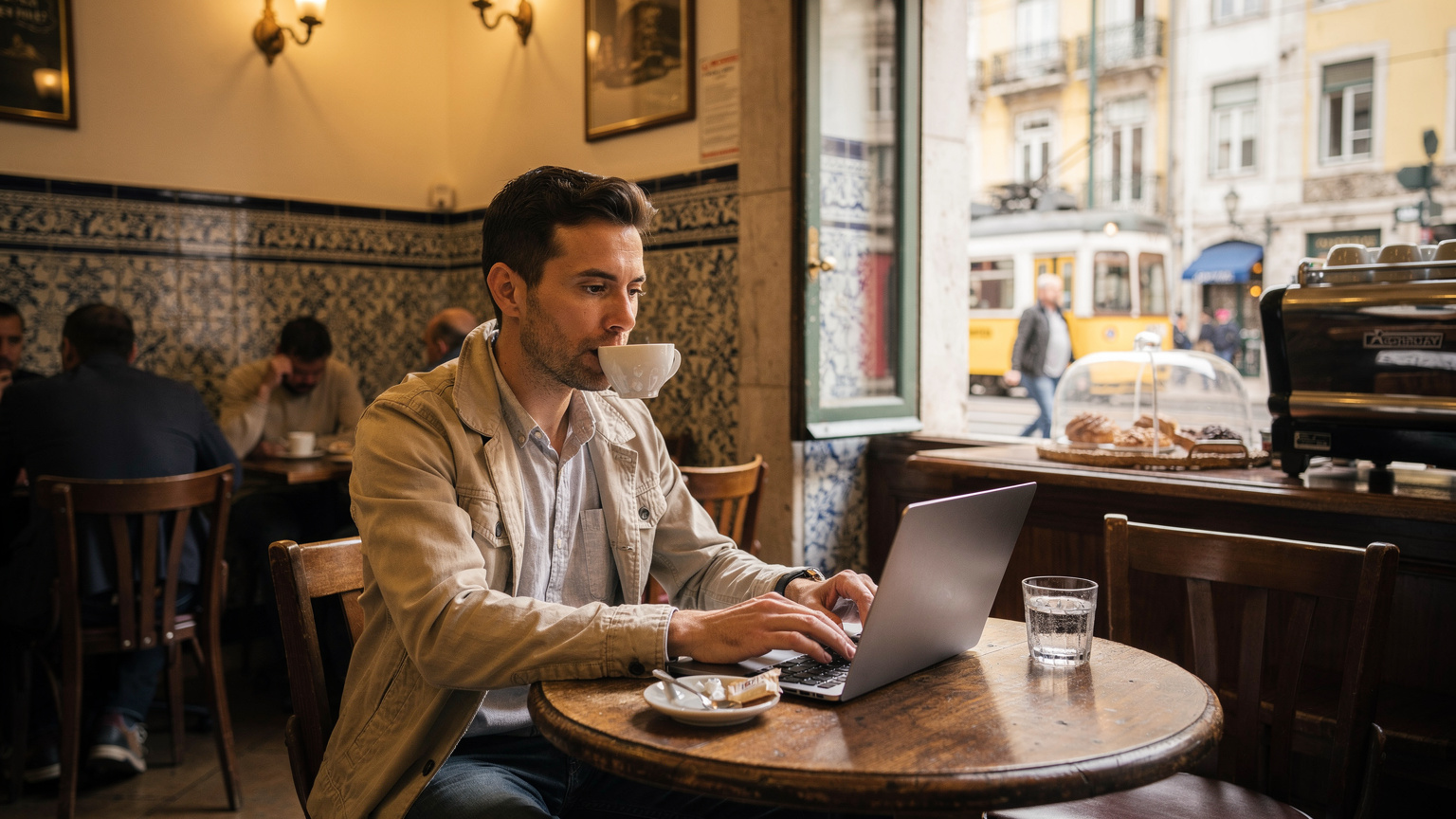 Um viajante em um café tradicional de Lisboa, tomando um café e usando o WiFi gratuito em seu laptop, com a arquitetura histórica da cidade visível através da janela.