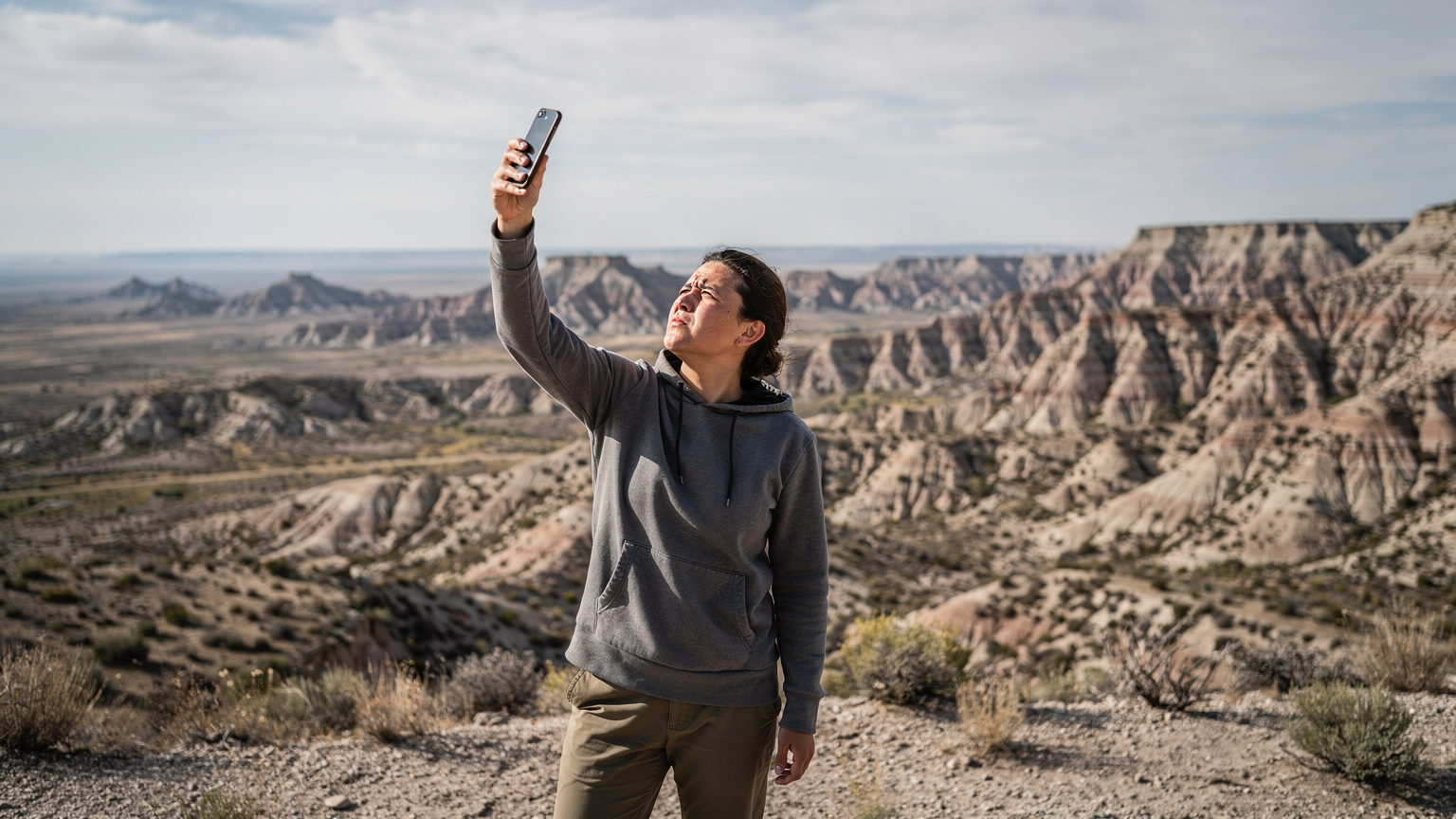 A person looking confused and frustrated at their smartphone, held up high, trying to catch a signal in a remote, scenic national park, with rugged mountains and sparse trees in the background.