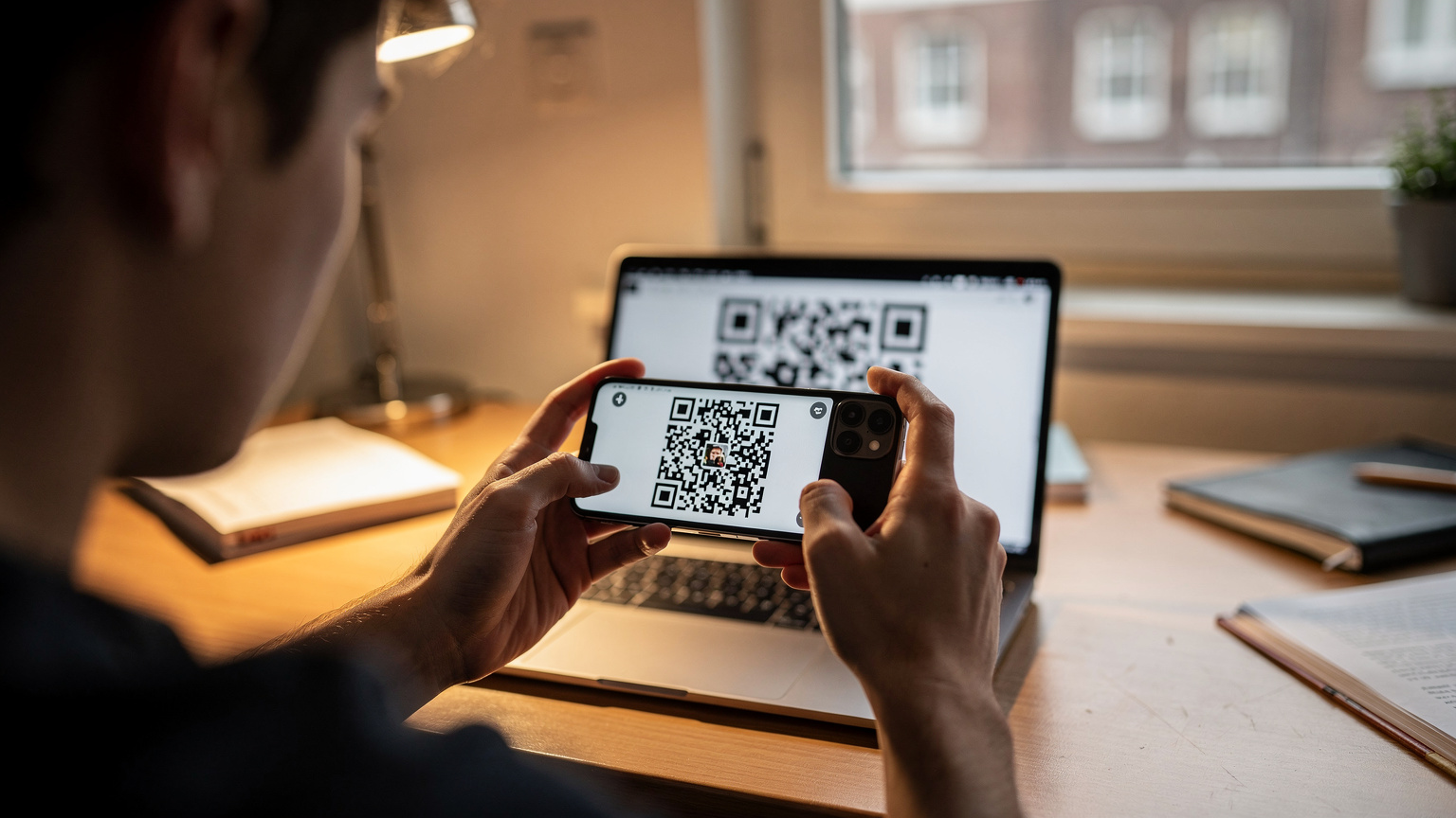 Close-up van handen die een iPhone 16 vasthouden, waarbij de gebruiker de camera richt op een QR-code op een laptop scherm voor eSIM-installatie.