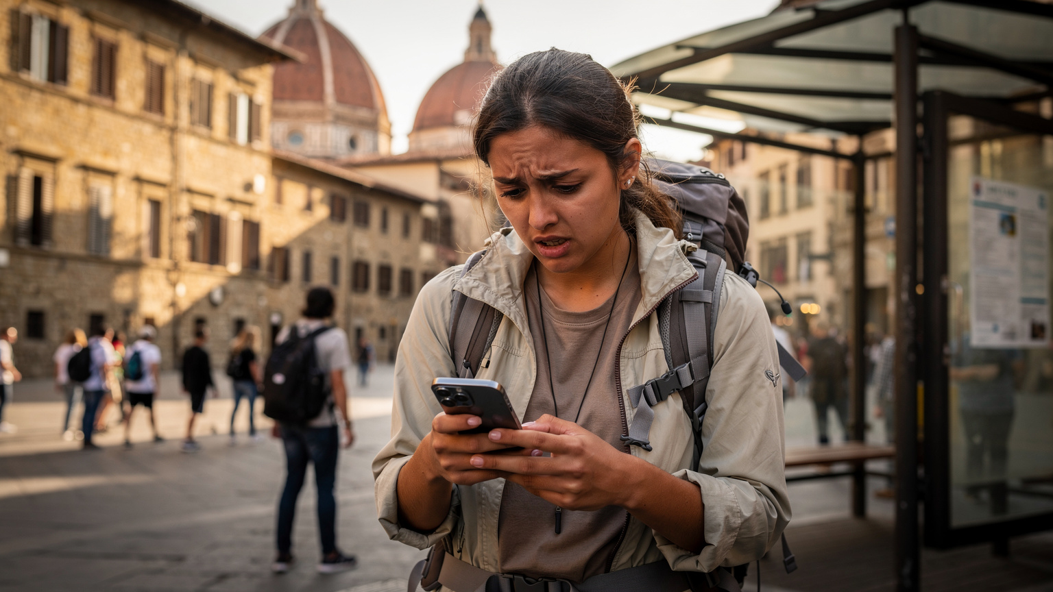 Een reiziger staat bij een bushalte in het centrum van Florence, Italië, en kijkt bezorgd naar haar telefoon zonder verbinding, met de Duomo in de verte.