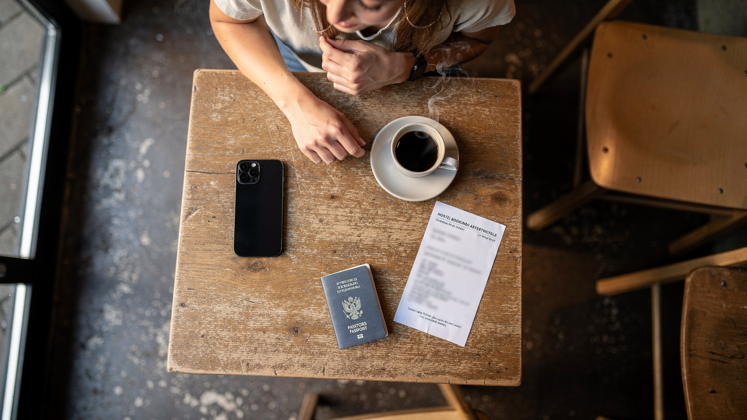 Een jonge reiziger controleert haar iPhone 16 en reispapieren op een cafétafel voordat ze vertrekt voor haar zomervakantie.