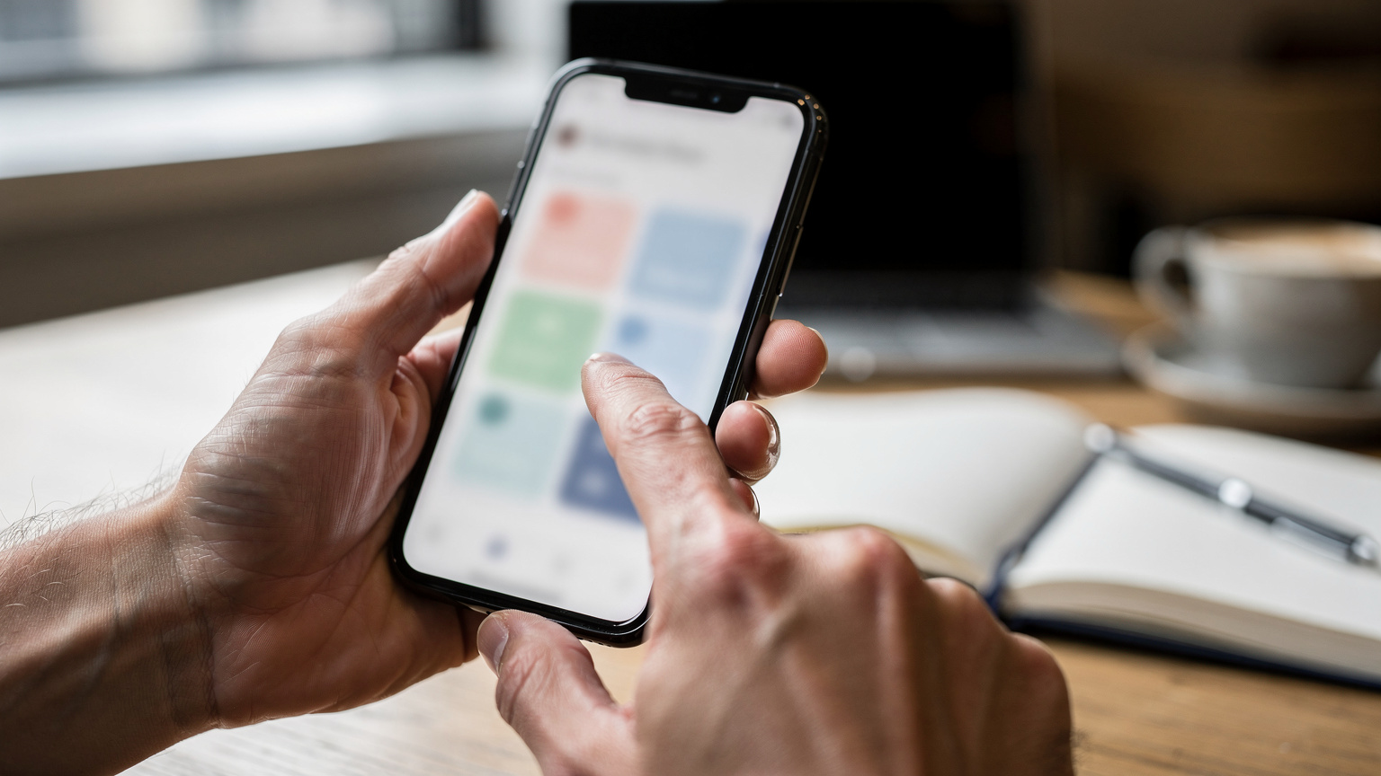 A close-up of human hands, one holding a smartphone displaying a Cellesim app interface with various data plan options, the other tapping the screen to select a plan. The background is a softly blurred modern cafe interior with a laptop and coffee cup.