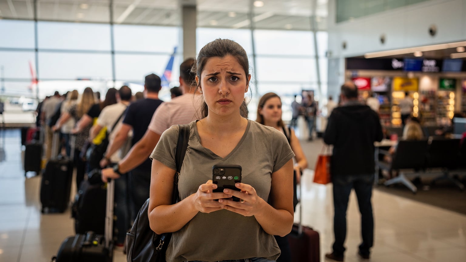 A young woman, looking slightly stressed, stands in a long queue at a busy airport. She is holding her phone, which displays a low signal icon, and is looking around uncertainly, surrounded by luggage and other travelers.