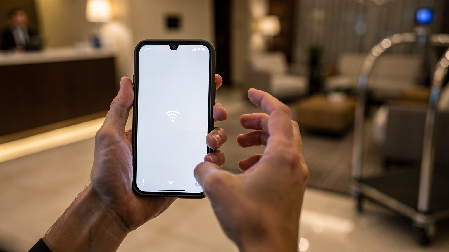 A person's hands are shown, one holding a smartphone displaying a 'No Service' error, while the other hand gestures in frustration. The setting is a slightly blurry, generic hotel lobby with a reception desk in the background.