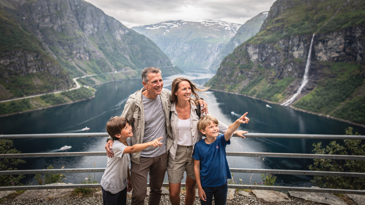 Een gezin van vier staat op een uitkijkpunt over een Noors fjord, de kinderen wijzen enthousiast naar een waterval in de verte, terwijl de ouders glimlachen.