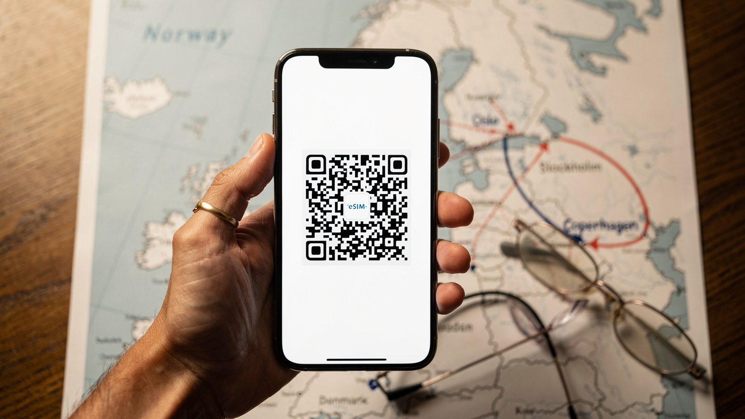Een hand houdt een smartphone vast die een QR-code toont voor eSIM-activatie, met een kaart van Scandinavië op een tafel op de achtergrond.