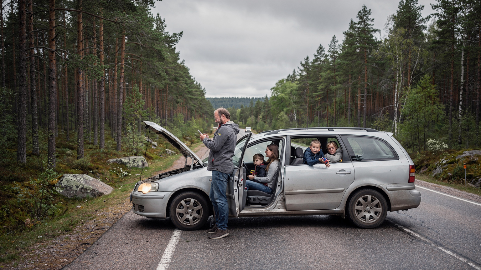 Een gezin staat langs een afgelegen landelijke weg in Zweden, de auto heeft een open motorkap en de vader probeert hulp te krijgen met zijn telefoon, terwijl de kinderen ongeduldig op de achterbank wachten.