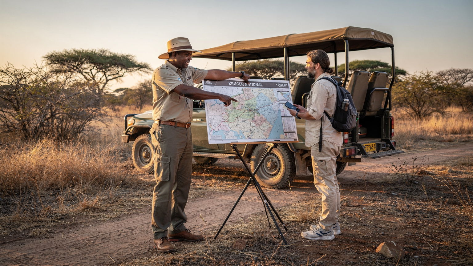 Een lokale Afrikaanse gids in een safari-outfit met een hoed, wijst op een papieren kaart van het Krugerpark terwijl een toerist aandachtig luistert en de route controleert op een smartphone met een eSIM, naast een open safari-voertuig tijdens de vroege ochtenduren.