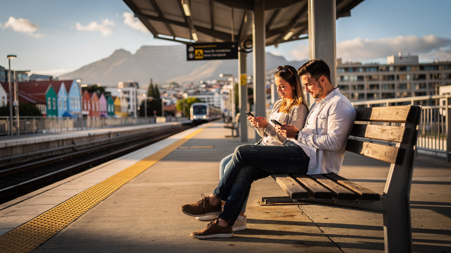 Een jong stel zit ontspannen op een bankje op een treinplatform van de Metrorail in Kaapstad, wachtend op de trein, terwijl ze allebei op hun smartphones kijken, met de stedelijke skyline van Kaapstad op de achtergrond en de warme middagzon die over de scène valt.
