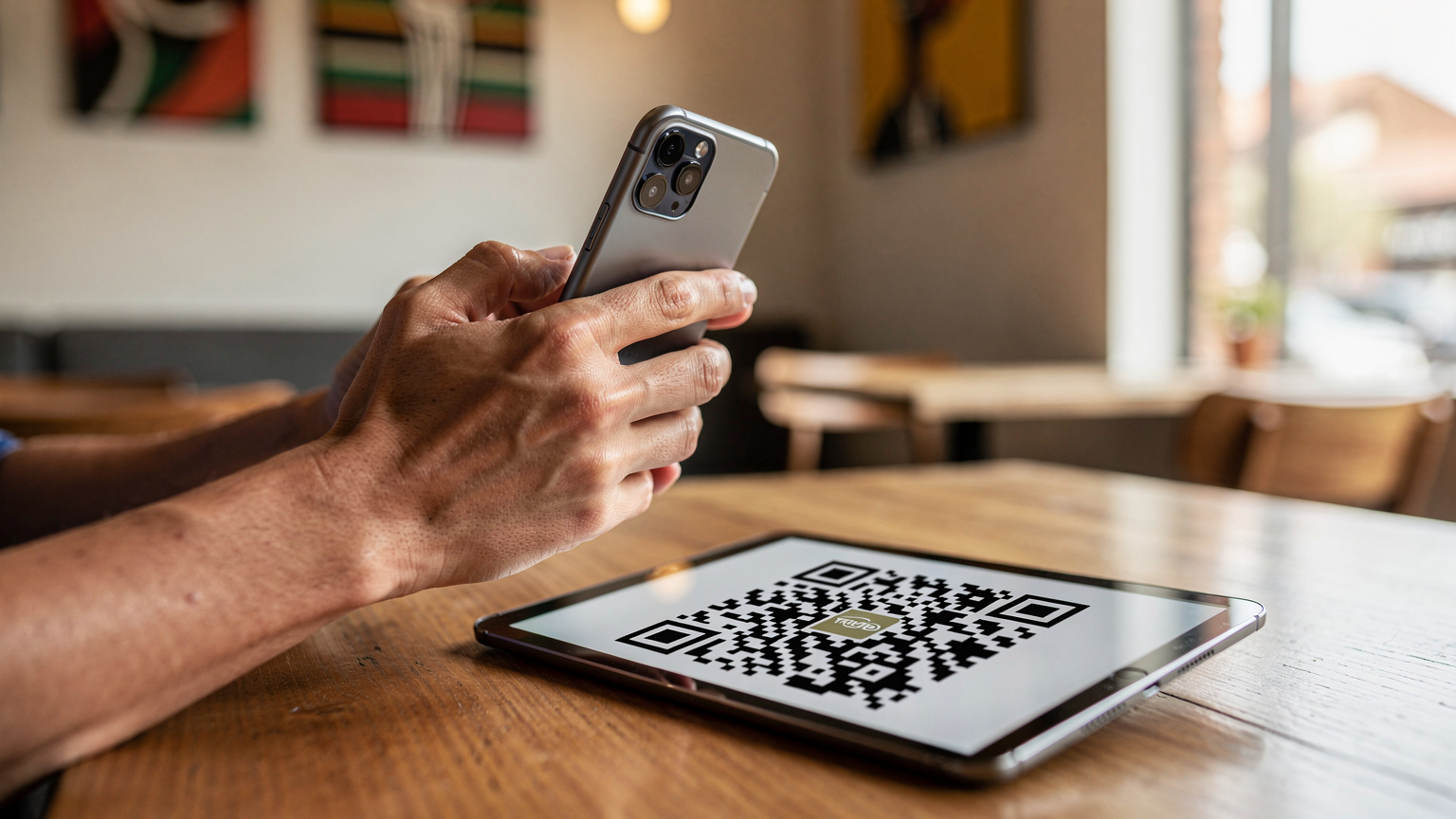Een close-up shot van twee handen die een smartphone vasthouden, waarbij de ene hand een QR-code scant die wordt weergegeven op een tablet, met de wazige achtergrond van een modern, licht café in de wijk Braamfontein in Johannesburg.