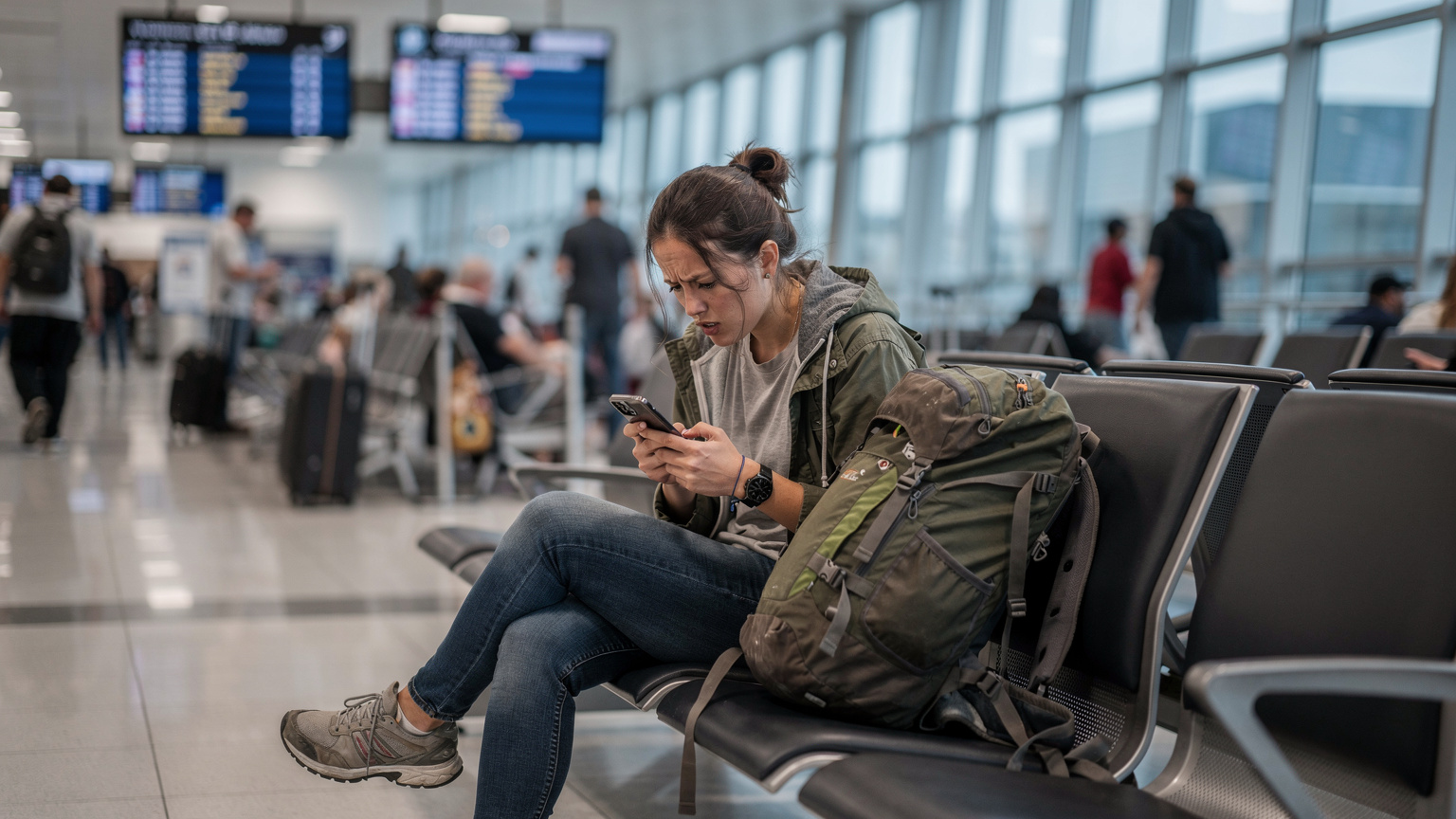 A young female backpacker with a concerned expression, sitting at a busy airport gate and looking intently at her smartphone, trying to troubleshoot a connectivity problem.