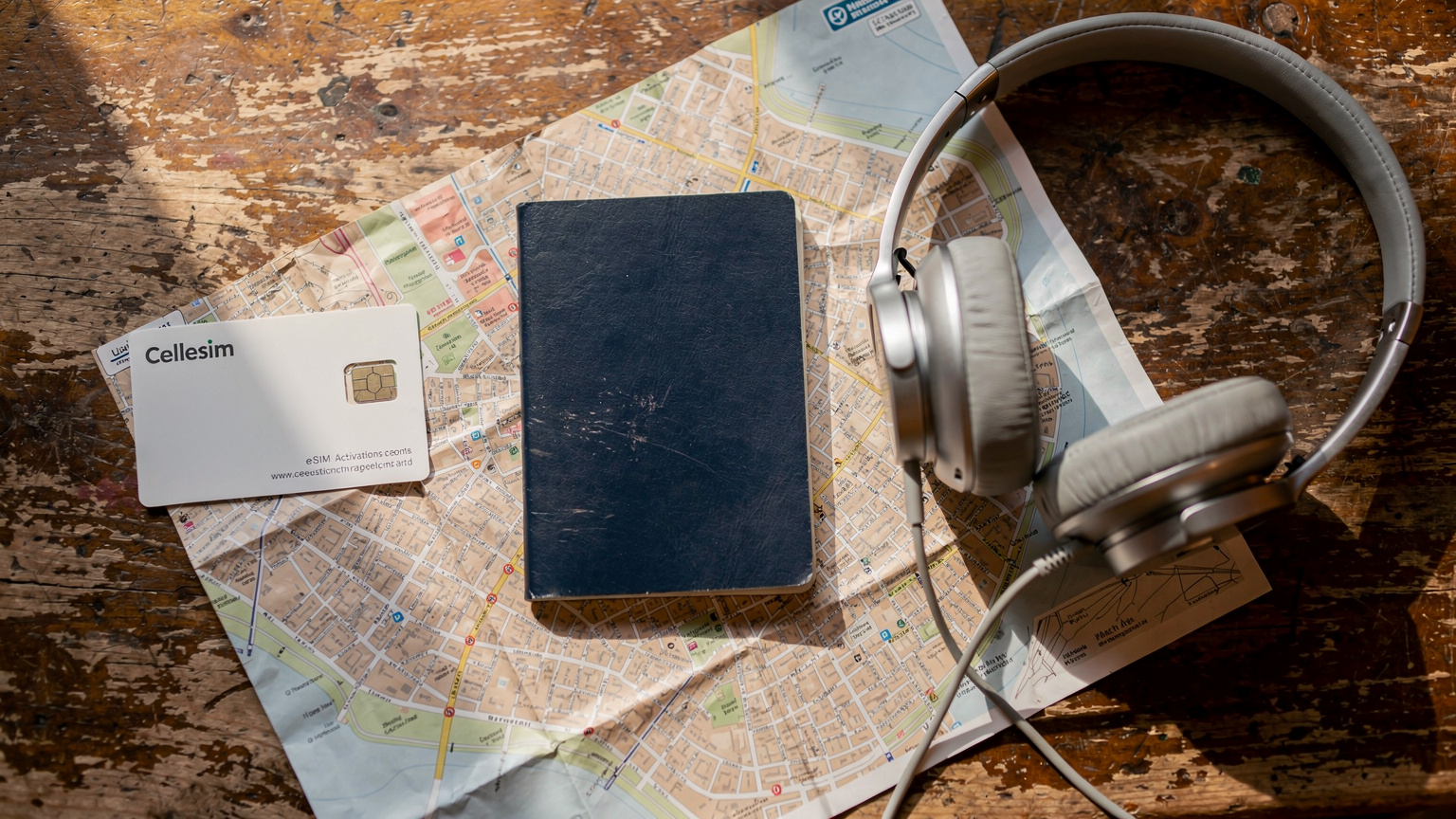 An overhead flat-lay composition of essential travel items: a passport, a Cellesim eSIM activation card, over-ear headphones, and a crumpled paper map, arranged on a rustic wooden table.
