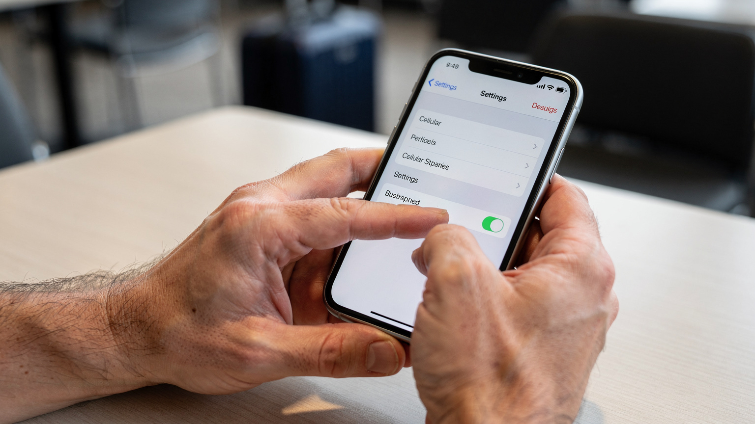 A close-up of a traveler's hands, specifically tapping on the 'Cellular' option within the iPhone's 'Settings' menu on an iOS 18 interface.