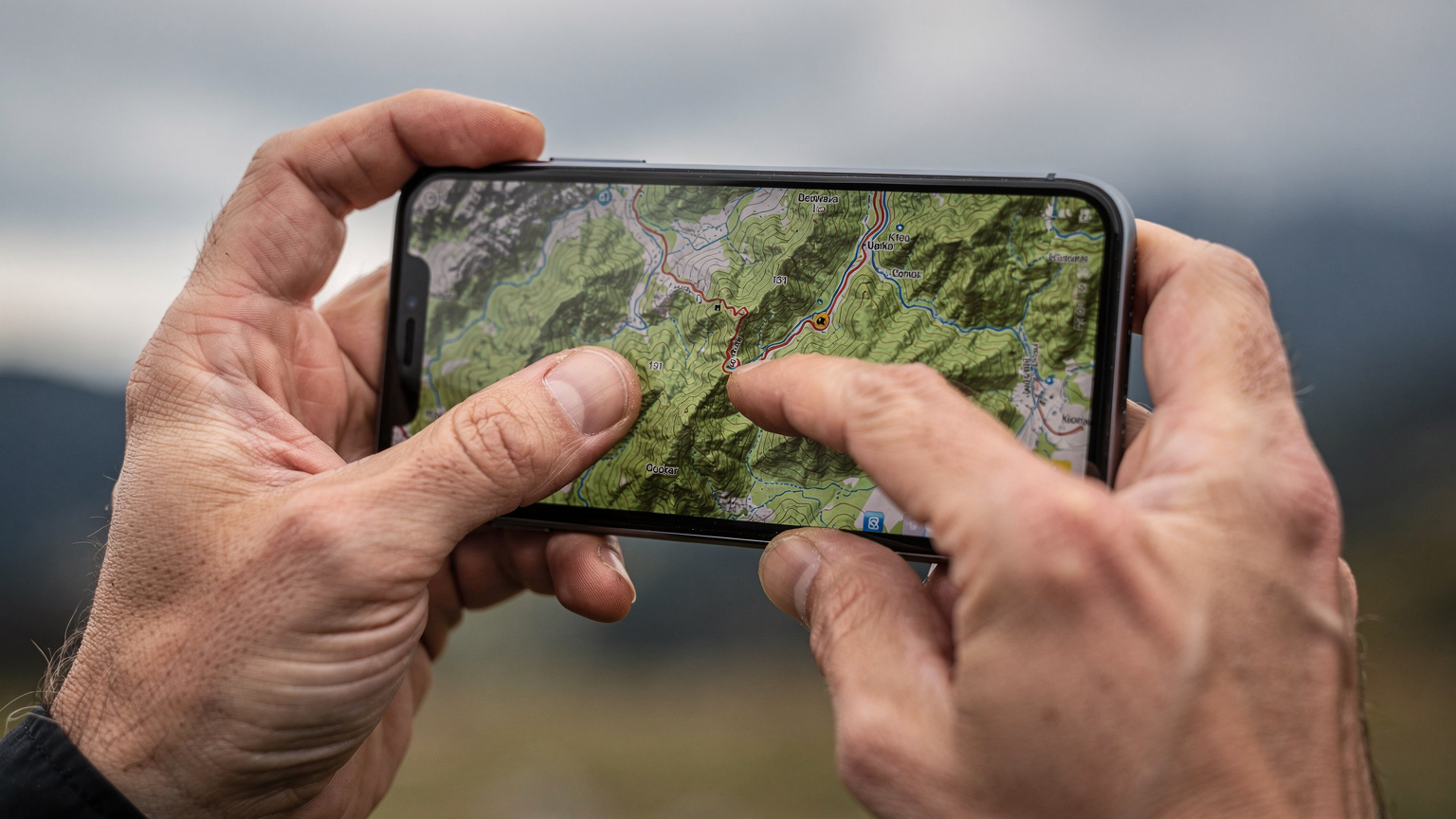 Zblízka záber na ruky držiace smartfón, na obrazovke je mapa turistickej trasy v slovenských horách, prsty posúvajú obrazovku.