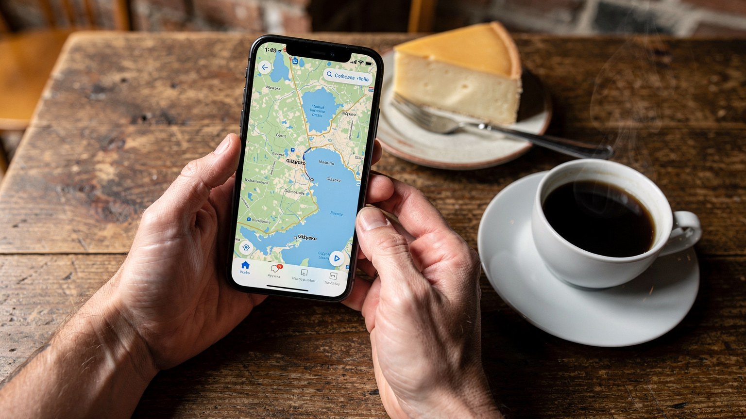 Zbliżenie na dłonie trzymające smartfon pokazujący mapę Mazur, na tle drewnianego blatu kawiarni w Giżycku, obok tradycyjnego mazurskiego sera i filiżanki kawy.