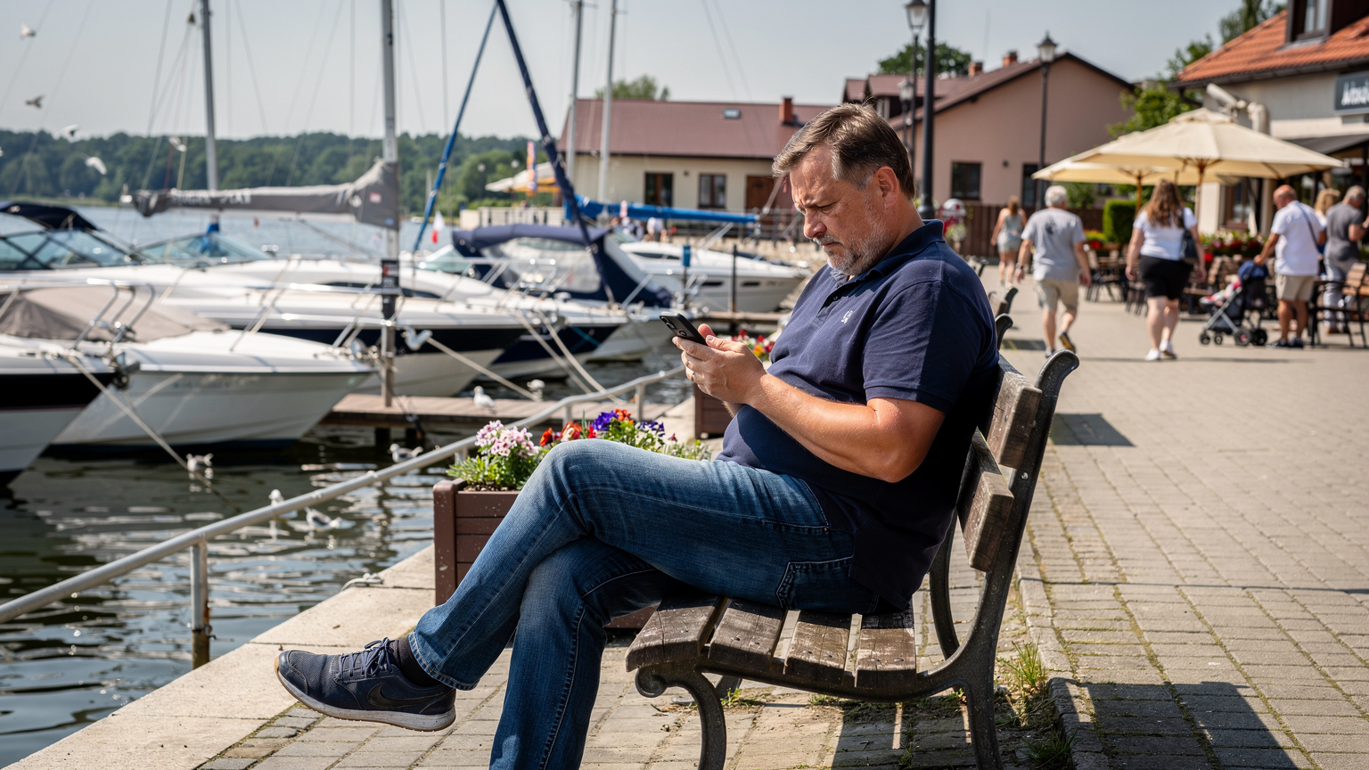 Mężczyzna w średnim wieku, z zamyślonym wyrazem twarzy, patrzy na ekran smartfona, siedząc na ławce w porcie w Giżycku, z jachtami i tętniącym życiem nabrzeżem w tle.