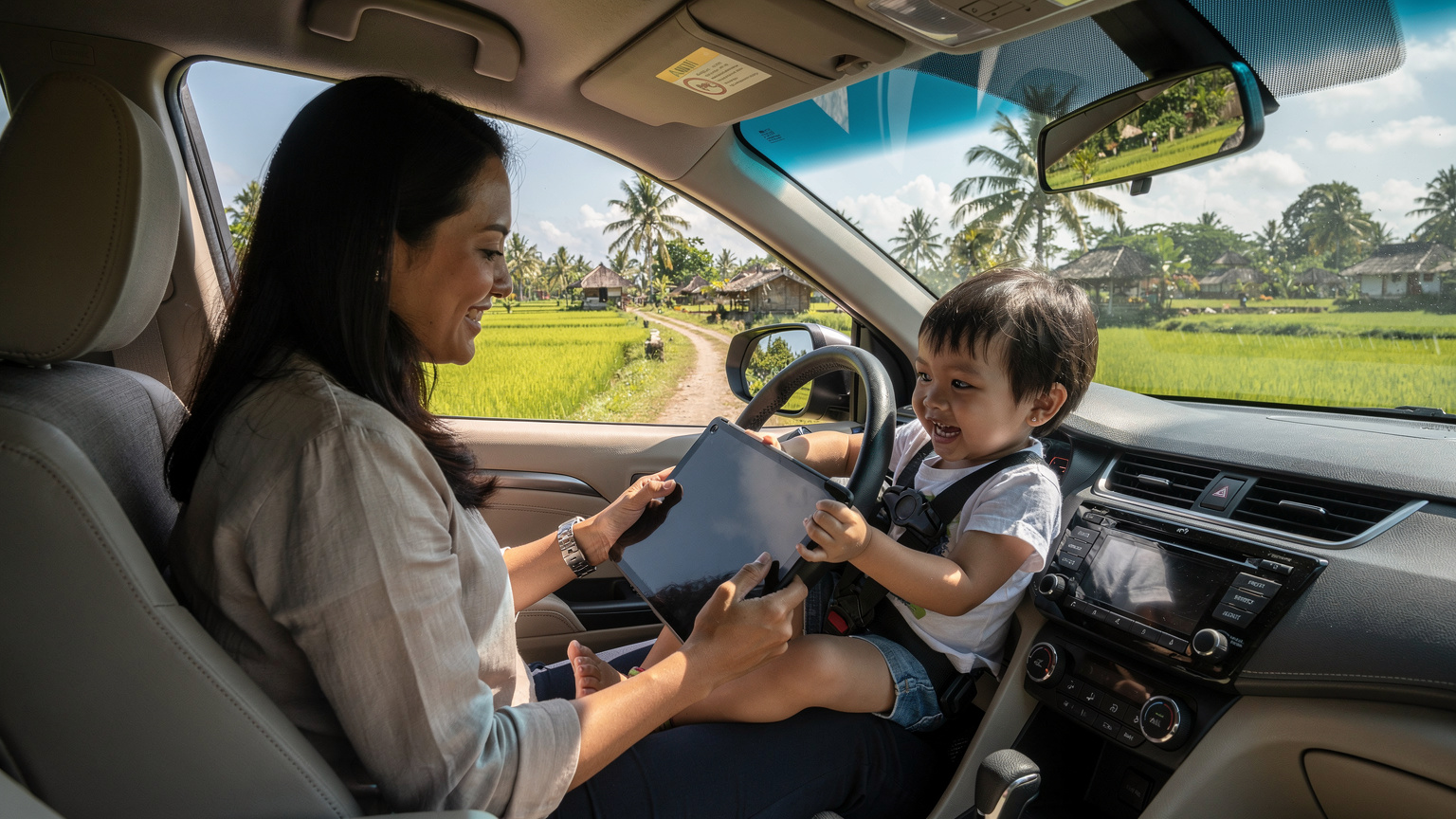 Seorang ibu sedang menunjukkan tablet kepada anaknya yang duduk di kursi penumpang mobil, melewati pemandangan sawah hijau yang indah di pedesaan Bali.