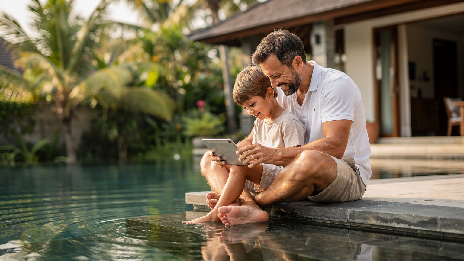 Seorang ayah dengan senyum hangat membantu anaknya yang berusia sekitar 7 tahun mengatur tablet di pinggir kolam renang pribadi di sebuah vila modern di Ubud, Bali.