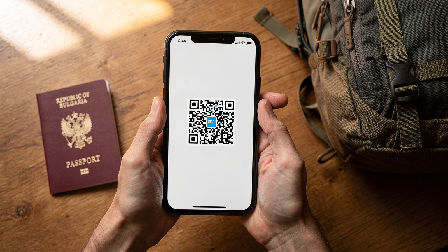 Телефон с отворено приложение за eSIM, показващо QR код за инсталация, до паспорт и раница, готови за пътуване.