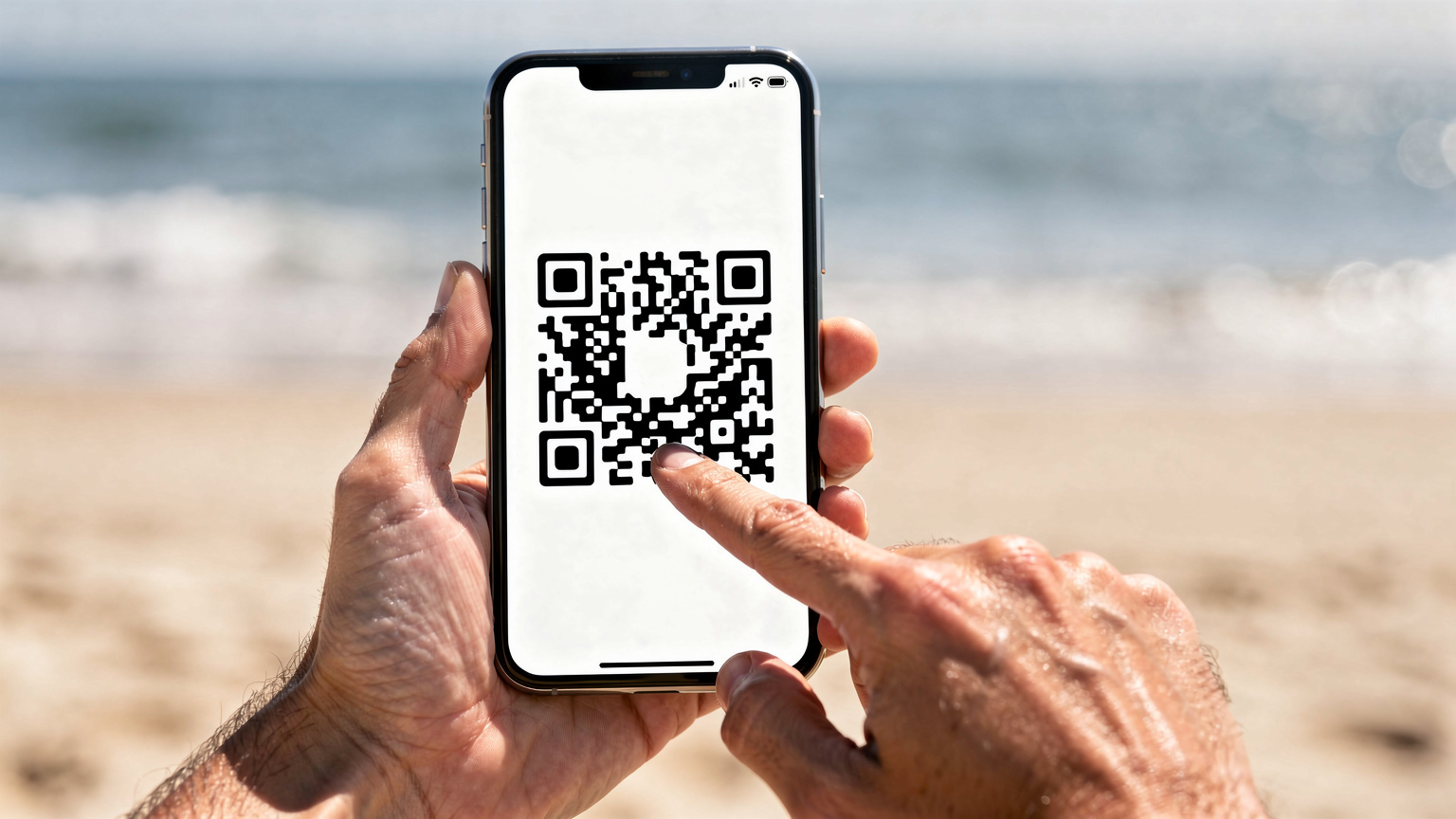 Un primer plano de manos sosteniendo un teléfono, mostrando la pantalla con un código QR, en el momento de activar una eSIM, con un fondo playero borroso.